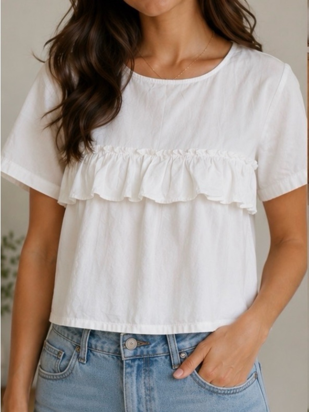 VILA White Short Sleeve Ruffle Front Top
